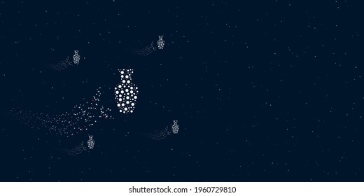 A vase filled with dots flies through the stars leaving a trail behind. Four small symbols around. Empty space for text on the right. Vector illustration on dark blue background with stars