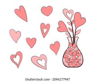 A vase filled with hearts and a bouquet of flowers from hearts surrounded by a set of decorative hearts. Valentine's Day element