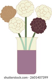 A vase with five flowers in it. The flowers are of different colors and sizes. The vase is purple and has a clear glass base. The flowers are arranged in a way that they are not overlapping each other