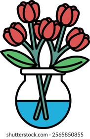 A vase with five red flowers in it. The flowers are in a vase with a blue background