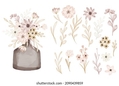 vase with flower bouquet and flower leaves isolated object clip art