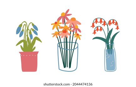Vase with Flower Bunch or Bouquet as Home Botany Decor Vector Set