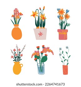 Vase with Flower Bunch or Bouquet as Home Botany Decor Vector Set