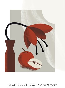 Vase with a flower by the window. Apples, the moon and the curtain. Illustration