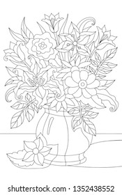 Vase with flower coloring book  Outlined beautiful fashion for antistress isolated on white background. Vector illustration of still life