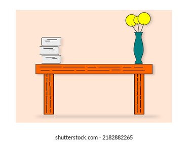 vase of Flower on table with pile of books. wooden table flat design vector.