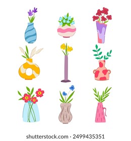 vase flower set cartoon. ceramic porcelain, home decor, bunch pottery vase flower sign. isolated symbol vector illustration