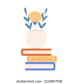 Vase flower stands on a stack of books. Hello spring. Flat vector illustration isolated on white background.