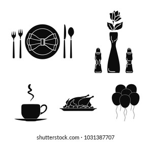Vase with a flower, table setting, fried chicken with garnish, a cup of coffee.Restaurant set collection icons in black style vector symbol stock illustration web.
