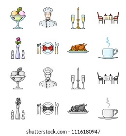 Vase with a flower, table setting, fried chicken with garnish, a cup of coffee.Restaurant set collection icons in cartoon,monochrome style vector symbol stock illustration web.