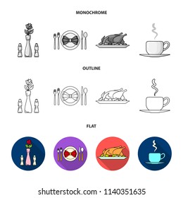 Vase with a flower, table setting, fried chicken with garnish, a cup of coffee.Restaurant set collection icons in flat,outline,monochrome style vector symbol stock illustration web.