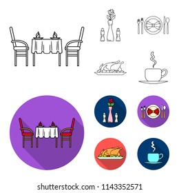 Vase with a flower, table setting, fried chicken with garnish, a cup of coffee.Restaurant set collection icons in outline,flat style vector symbol stock illustration web.
