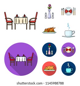 Vase with a flower, table setting, fried chicken with garnish, a cup of coffee.Restaurant set collection icons in cartoon,flat style vector symbol stock illustration web.
