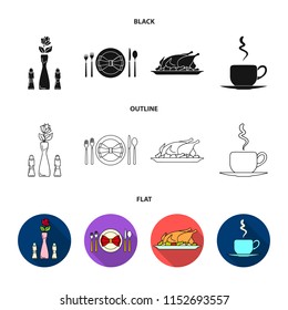 Vase with a flower, table setting, fried chicken with garnish, a cup of coffee.Restaurant set collection icons in black,flat,outline style vector symbol stock illustration web.