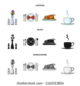 Vase with a flower, table setting, fried chicken with garnish, a cup of coffee.Restaurant set collection icons in cartoon,black,monochrome style vector symbol stock illustration web.