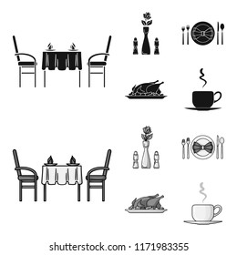 Vase with a flower, table setting, fried chicken with garnish, a cup of coffee.Restaurant set collection icons in black,monochrome style vector symbol stock illustration web.