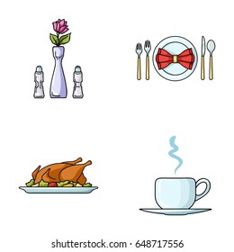 Vase with a flower, table setting, fried chicken with garnish, a cup of coffee. Restaurant set collection icons in cartoon style vector symbol stock illustration web.