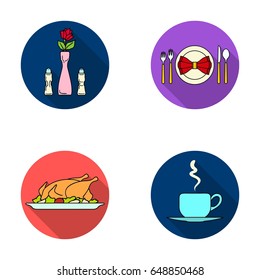 Vase with a flower, table setting, fried chicken with garnish, a cup of coffee.Restaurant set collection icons in flat style vector symbol stock illustration web.
