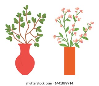 Vase with flower vector, flourishing plant with foliage, branch with frondage blossom decorative elements for home adorning, ecological decor set
