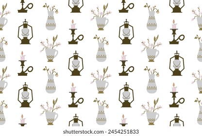 Vase with flowers, antique lantern, candle isolated on a white background. Flat style. Seamless pattern. Background with pastel colors for paper, cover, textile, interior decor. 
