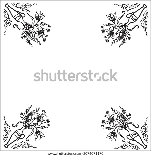 Vase of flowers in\
black and white. Ornamental frame, decorative border, corners for\
greeting cards, banners, business cards, invitations, menus.\
Isolated vector\
illustration.