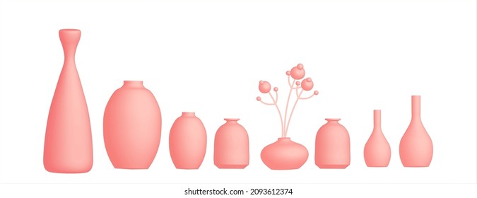 A vase for flowers. Collection of vases isolated on white background. Ceramic or porcelain interior decor. Pink cartoon style.