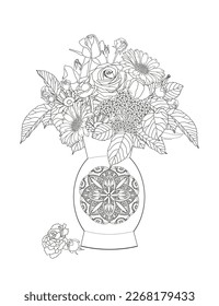 Vase with Flowers. Coloring book for adults and children. Bouquet of flowers in a vase.