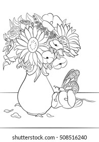 Vase with flowers - Coloring page for adults and kids.