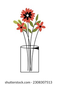 Vase with flowers concept. Glass with red plants. Aesthetics and elegance, romantic gift. Interior and decor element for home and room. Doodle flat vector illustration isolated on white background