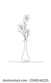 Vase with flowers, Continuous one line of vase with three flowers isolated on white background, Somply doodle cartoon hand drawn vector Illustration