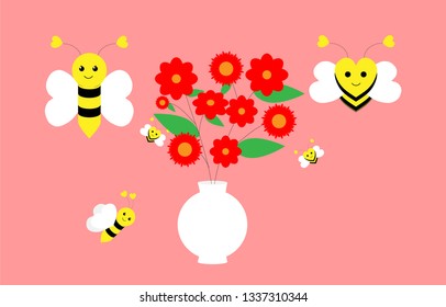 vase flowers with cute bees on paper background. lovely bees vector illustration.