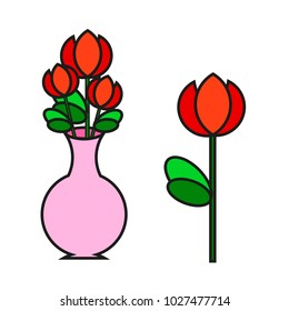 Vase with flowers for decoration, tulip flowers of red color