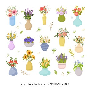 florero. bellas plantas decorativas, colocadas en macetas y jarrones, ilustraciones de color botánico de estilo plano. Plantillas de vectores