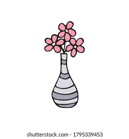 A vase with flowers drawn by hand in the Doodle style isolated on white background. Vector.