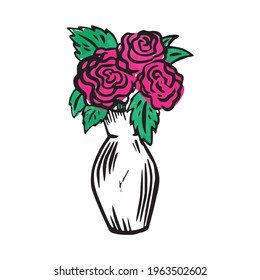 A vase of flowers drawn by hand in the style of doodle. Hand-drawn flowers in a vase icon