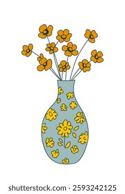 A vase with flowers in it is drawn in a cartoon style. The flowers are orange and yellow, and the vase is blue and yellow. The image has a cheerful and playful mood