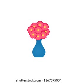 Vase with flowers in flat design. Vector. Icon isolated on white background. Animated pink houseplant. Cartoon colorful illustration. House home decor.