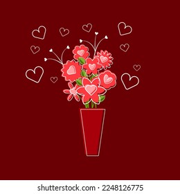 Vase of flowers in flat style, vector illustration. Love concept