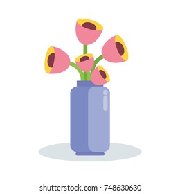 Vase with flowers. Flat vector cartoon illustration. Objects isolated on white background.