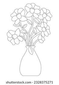 Vase con flores. Imagen dibujada a mano. Esbozo para libro de colorantes para adultos anti estrés . Ilustración vectorial para la página de coloreado, aislada en fondo blanco.