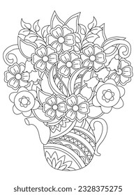 Vase with flowers. Hand drawn picture. Sketch for anti-stress adult coloring book . Vector illustration for coloring page, isolated on white background.