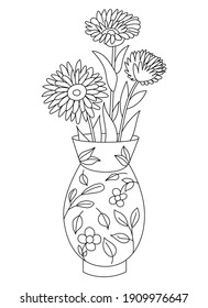 Vase with Flowers isolated on white background. Ceramic vase. Outline drawing, line art, coloring book.