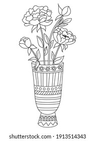 Vase with Flowers isolated on white background. Ceramic vase. Outline drawing, line art, coloring book.