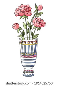 Vase with Flowers isolated on white background. Ceramic vase. Outline drawing, line art, color drawing.