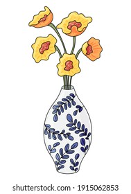 Vase with Flowers isolated on white background. Ceramic vase. Outline drawing, line art, color drawing.