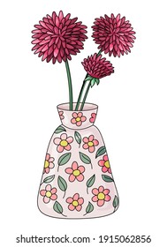 Vase with Flowers isolated on white background. Ceramic vase. Outline drawing, line art, color drawing.