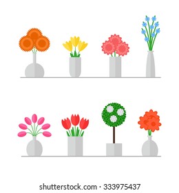 Vase of flowers isolated set on white background. Colorful flowers bouquets. Flat style vector illustration. 