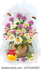 Vase with flowers and a jar of honey.Vector illustration with a jar of honey and meadow flowers in a vase.