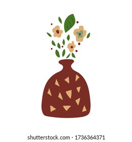 Vase with flowers and leaves in abstract scandinavian design for greeting card or invitation. Flat vector illustration. Hand drawn concept. 