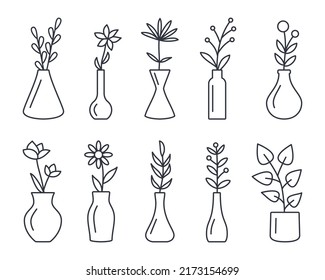 Vase with flowers line icons. Vector set editable stroke. Glass flowerpots and vases interior design elements. Florist garden symbol. Stock illustration isolated on white background